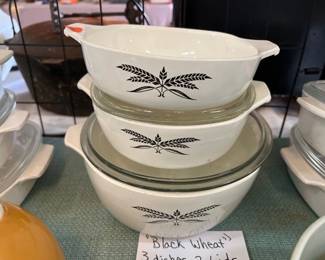3 BLACK WHEAT DISHES 1 MISSING LID