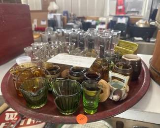 LARGE LOT OF SHOT GLASSES AND TOOTH PICK HOLDERS