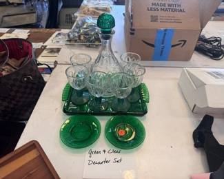 GREEN AND CLEAR GLASS DECANTER SET