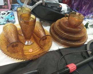 AMBER GLASS PLATES, TRAY AND CUPS