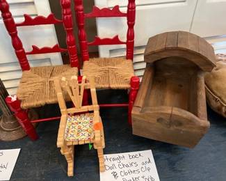 STRAIGHT BACK DOLL CHAIRS AND CLOTHES CLIP, ROCKER AND CRIB