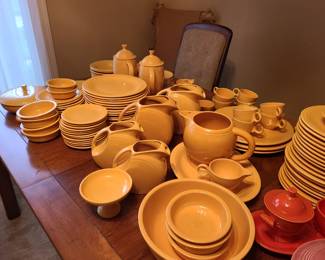 Vintage original yellow (some red, cobalt, rose pieces) Homer Laughlin Fiesta, pieces priced individually and not subject to discounts on Sunday, but a bid box will be available for offers. All items sold need to be picked up no later than 3pm Sunday.