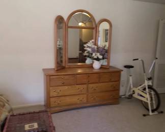 wicker trunk, Bassett Country French double dresser with tri-fold mirror