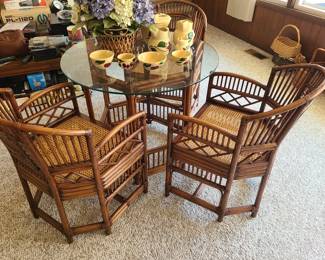 Brighton Pavilion Vintage Rattan glass top table and 3 chairs, priced as set