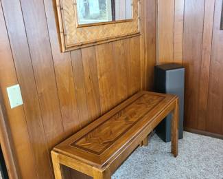 Woven Herringbone Rattan Faux Bamboo mirror, excellent. Mid-century parquet sofa table.