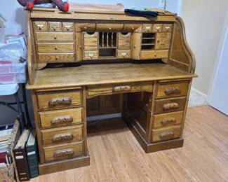 Vintage American 54" Golden Oak S Curve Roll-Top desk, has original tabs for labels of drawers, well cared for!