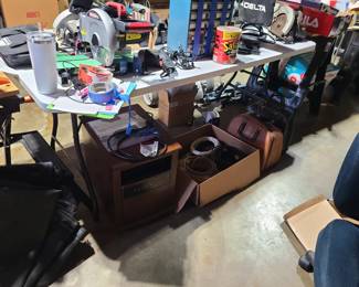 Vintage bowling bags, shoes, balls, Infrared heater, many tools.
