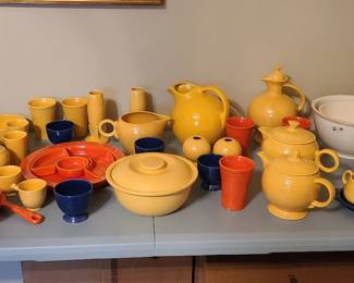 Vintage original yellow (some red, cobalt, rose pieces) Homer Laughlin Fiesta, pieces priced individually and not subject to discounts on Sunday, but a bid box will be available for offers. All items sold need to be picked up no later than 3pm Sunday.