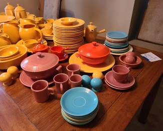 Vintage original yellow (some red, cobalt, rose pieces) Homer Laughlin Fiesta, pieces priced individually and not subject to discounts on Sunday, but a bid box will be available for offers. All items sold need to be picked up no later than 3pm Sunday.