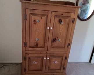 Wooden armoire, vintage electric lamp, serigraph oil painting