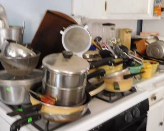 Revere ware, pots and pans and misc kitchen