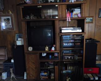 Vintage stereo components, television, speakers, vinyl albums, vhs, cd's, DVD's etc