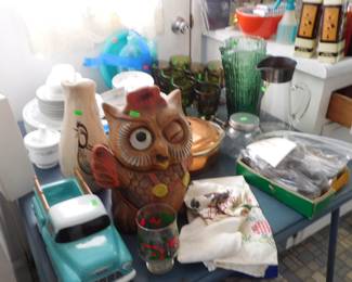 Red wing pitcher, dish sets, owl cookie jar, flatware and more