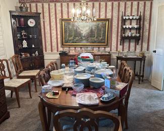 Dining table with seating for eight.    
Complete set of Noritake Bluedale china settings for 12 with serving pieces. Circa 1960