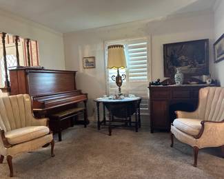 Antique piano, chairs, and bureau.  Beautiful gate leg table. 