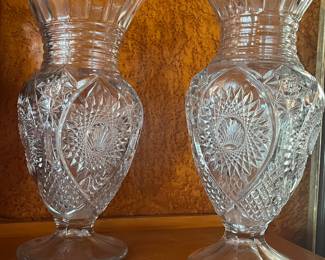 $80 pair of lead glass molded cut vases 8W 16T