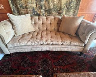 $400 Century Chesterfield style ruffed sofa with down pillows light mustard color velvet 80W 38 D 33T