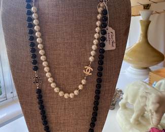 Faux Chanel long strand necklace black beads and pearls