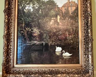 $70 Canvas lake scene with swans decorative 27W 32T