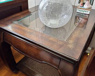 $70 Asian style glass top side table cane base