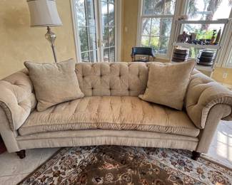 $400 Century Chesterfield style tuffed sofa down pillows light mustard color velvet 82W 33T 42D