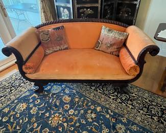 $590 American 19th Century settee with orange velvet 64W 27D 33T
