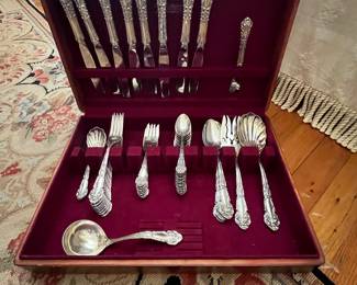$1800 Sterling silver set flatware Reed and Barton French Renaissance pattern (1941) purchased at Coleman Adler in New Orleans 8 ea dinner knives dinner forks, salad or pie forks, 12 teaspoons 1 butter master, 2 sugar, 1 gravy ladle 3 serving spoons, 1 meat fork, 1 fruit serving spoon