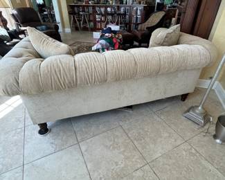 $400 Century Chesterfield style tuffed sofa down pillows light mustard color velvet 82W 33T 42D