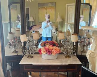 $1,250 French Louis XVI style truth mirror/vanity cream marble top - first quarter 20th century vanity 34W 15D 31T mirror 97W 73T