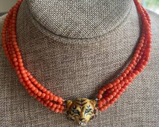 #136 - $225 Antique choker coral & tiger face (tested 14kt) CZ