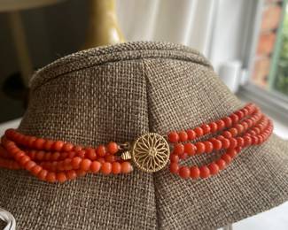 #136 - $225 Antique choker coral & tiger face (tested 14kt) CZ