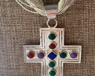 $125 - Liquid sterling necklace with sterling cross & semi precious stones