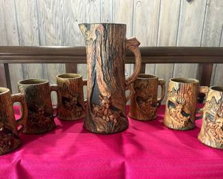 RARE FIND!! 1872-1948 WELLER POTTERY WOODCRAFT PITCHER & 6 TANKARDS
