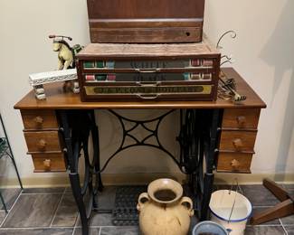 Antique Singer Sewing Machine & Treadle, J & P Coats Thread Cabinet