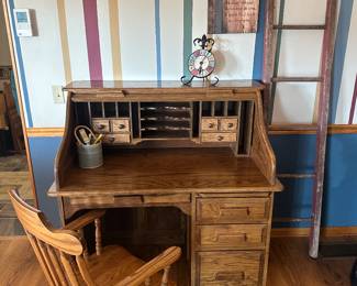 Solid Oak Roll Top Desk & Chair