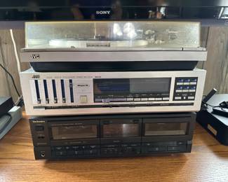 Vintage JVC Turntable, JVC Stereo Receiver, Technics Dual Cassette Deck, Technics Speakers