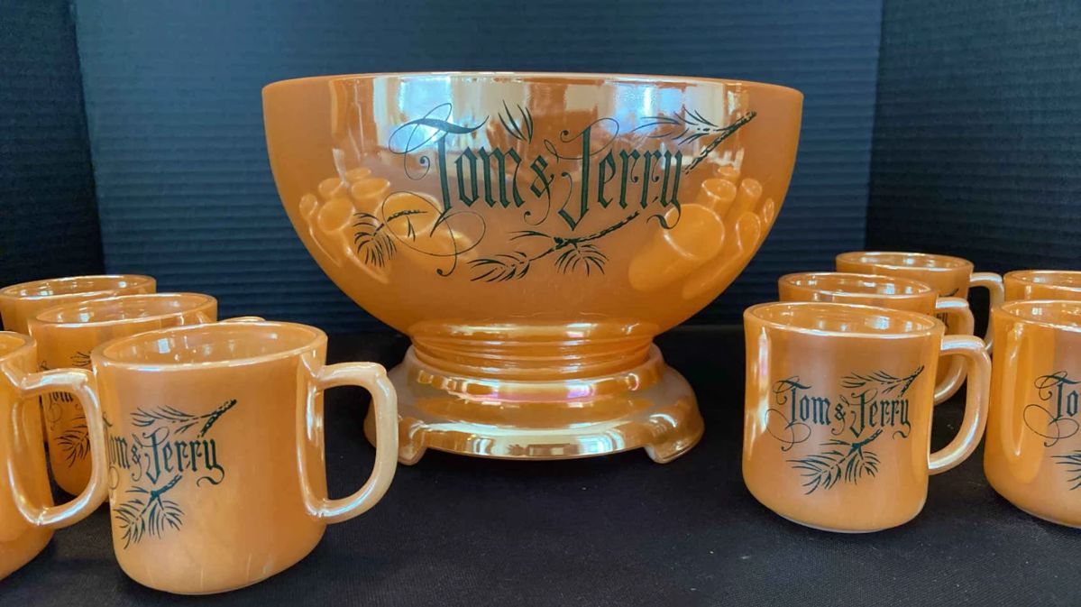 Vintage Fire King Tom Jerry Peach Lusterware Carnival Glass 14 Piece Punch Bowl