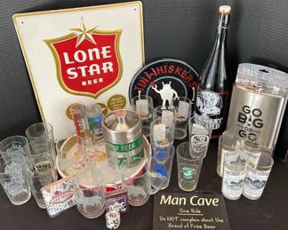 Metal Beer Signage, Trays, Mini Keg, XL Flask, Assorted Glasses, Coasters, Playing Cards