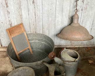 Galvanized Tub, Wash Board, Bucket, 2 Pitchers, Hanging Light