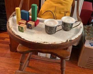 Vintage Children High Chair With Removable Enamel Tray, Silver Plated Sippy Cups w lids