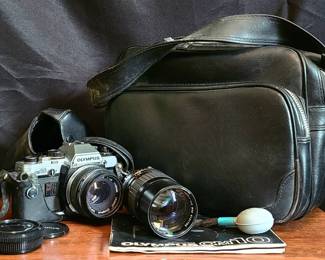 Olympus OM10 Camera with Protective Leather Cover, Additional Lens, Carrying Case
