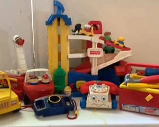 Fisher Prive Vintage Car Garage Parking Ramp, School Bus, Firetruck, Tool Box, Telephone Camera