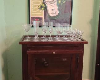 World Market Bar Cabinet, Martini and Ross Picture and Various Glassware