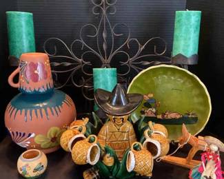 Mexican Tequila Decanter Shooter Set, Clay Handpainted Pitcher, Folk Pottery, Wrought Iron Sconce