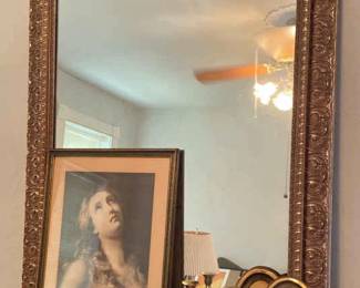 Ornate Gold Mirror and Magdalena Print Framed Matted, Brass Weighted Candle Sticks, Candle Sconces