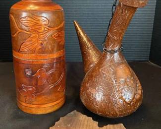 Don Quijote Leather Embossed Covered Glass Wine Decanter, Hand carved Wooden Wine Bottle Holder