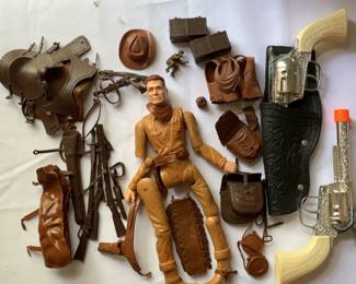 Louis Marx Co Vintage Johnny West Cowboy Action Figure, 2 Ponyboy Toy Cap Gun holster