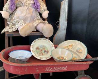 HySpeed Wagon, Rag Doll, Childs Wooden Folding Chair, Wooden Rifle, Melamine  Ceramic Dishes