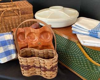 Picnic Baskets, Wicker Bottle Holder, Tupperware Divided Tray, Owl Plates, Linens 