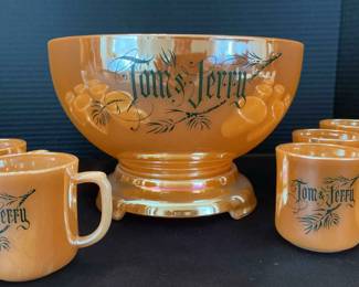 Vintage Fire King Tom Jerry Peach Lusterware Carnival Glass 14 Piece Punch Bowl